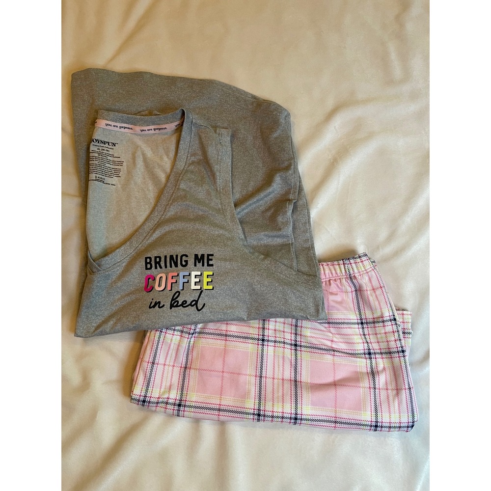 Joyspun Women XL Pajama Set Grey Coffee Tank Pink Plaid Shorts Sleepwear 2pc - Picture 10 of 12